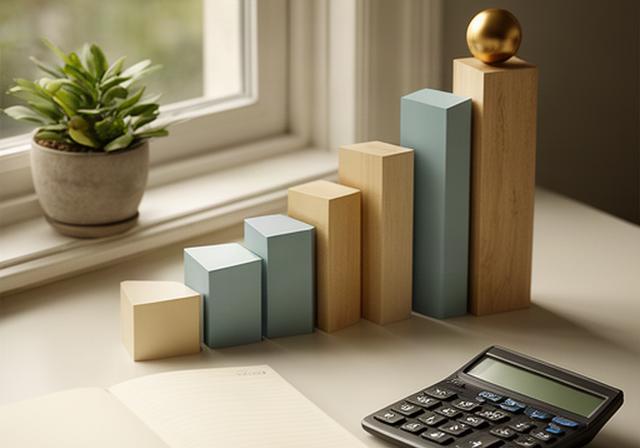 長期資産形成を考えるグラフとノート、窓辺の落ち着いた机